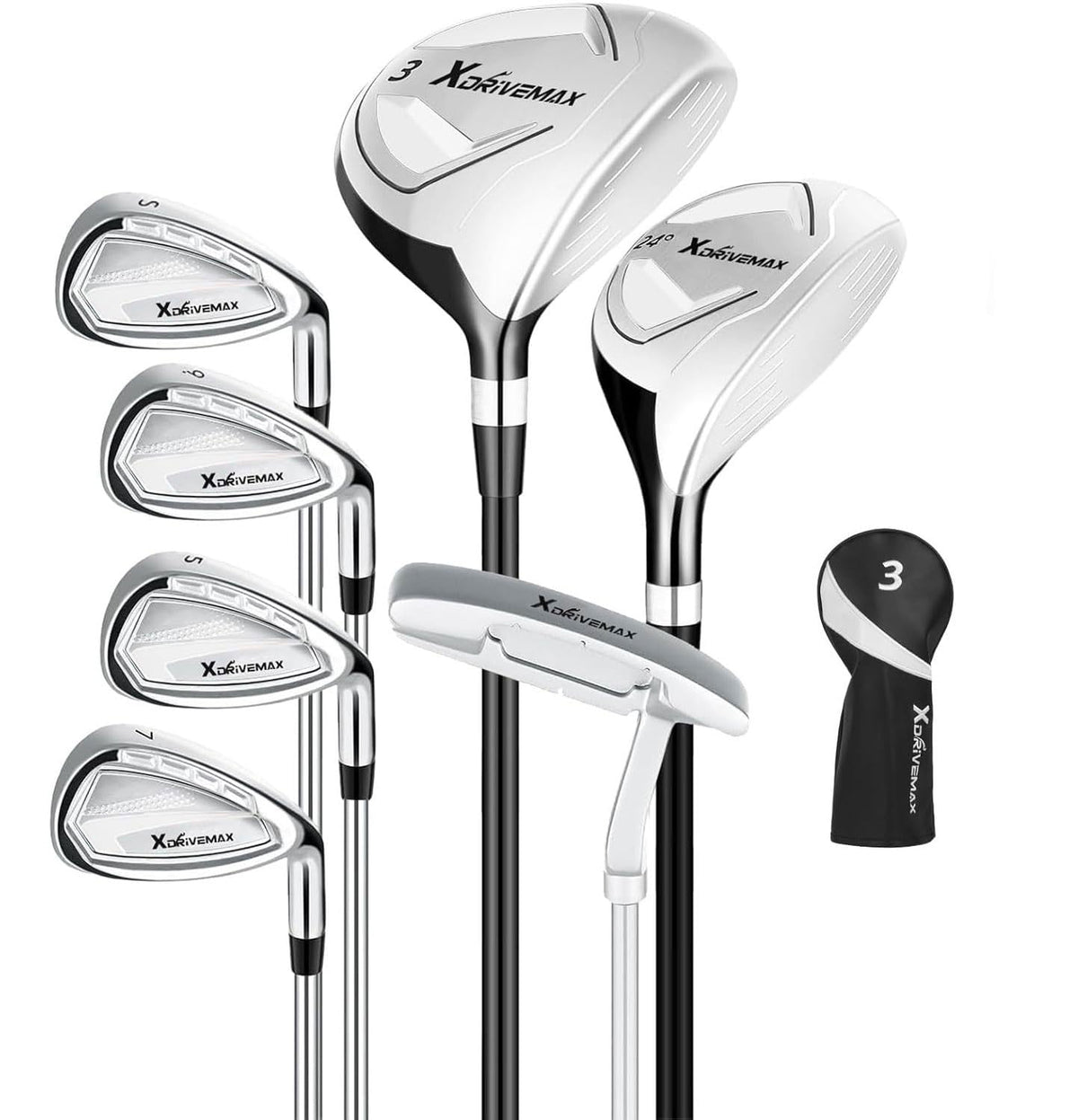 XDriveMax 7-Piece Complete Golf Clubs Set for Men & Women (Left/Right Hand), Advanced Performance Set with Fairway Wood, Hybrid, Irons and Putter, Regular Flex (No Golf Bag Included)