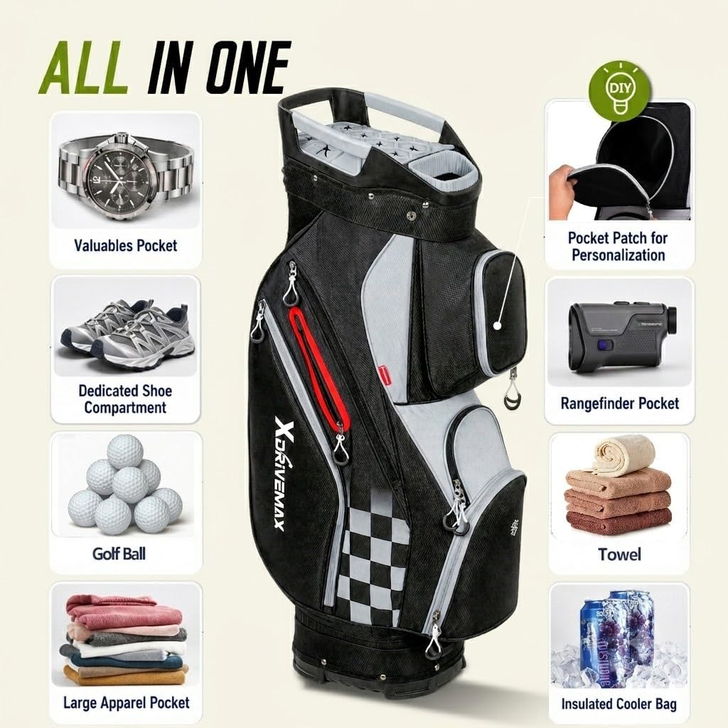 XDriveMax 15-Way Golf Cart Bag, Silence Top & Grip-Locking Base