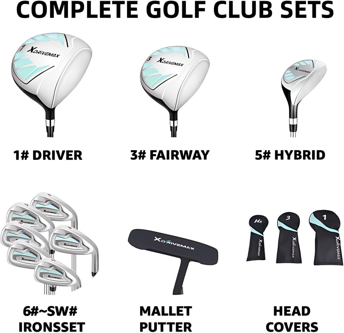 XDriverMax 14-Piece Golf Club Set for Men & Women Beginners, Right/Left Handed, Driver, Fairway, Hybrid, 6/7/8/9/P/S Irons, Putter & Cart Bag, Lightweight Graphite for Driving Range Practice