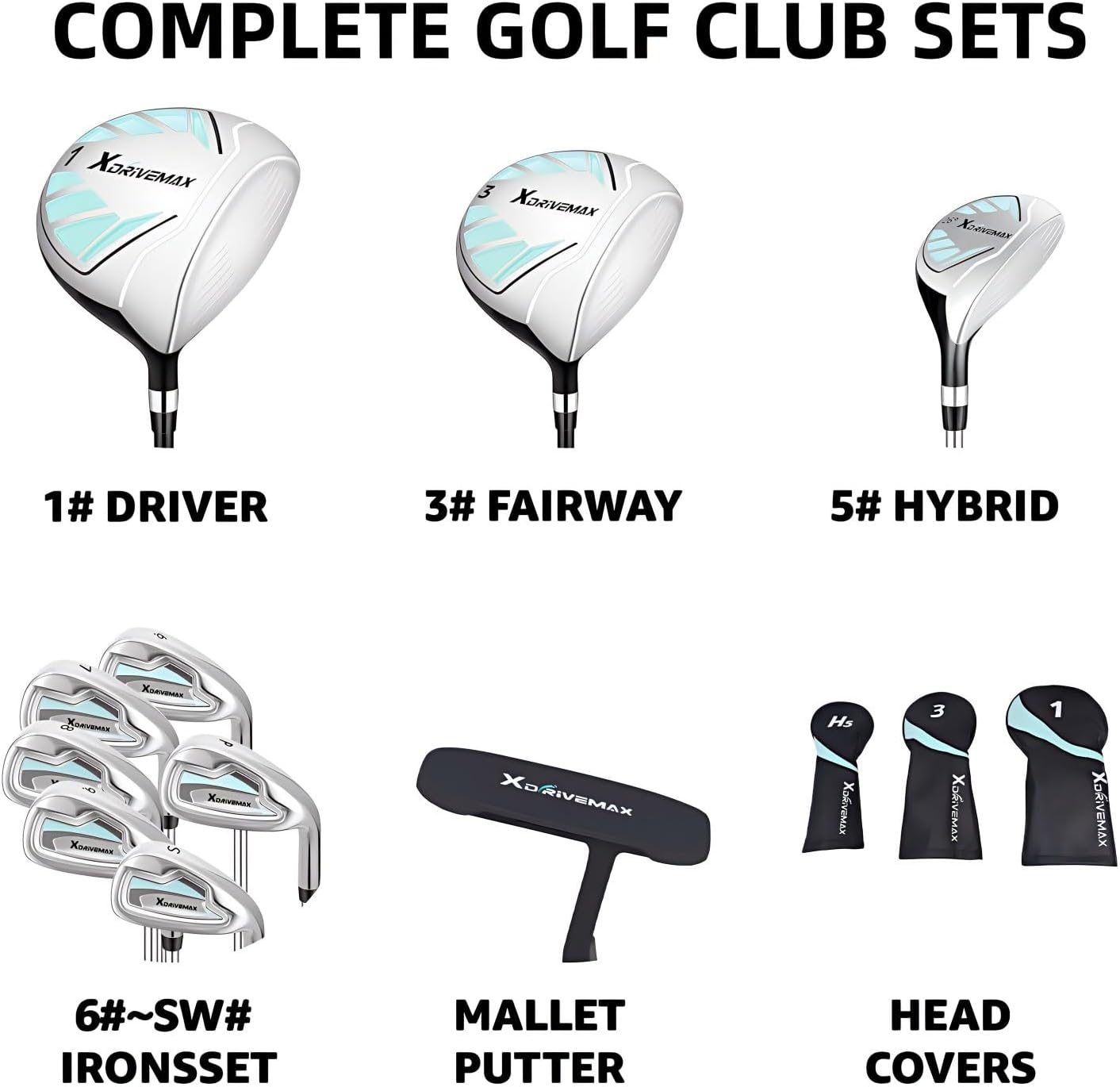 XDriverMax 14-Piece Golf Club Set for Men & Women Beginners, Right/Left Handed, Driver, Fairway, Hybrid, 6/7/8/9/P/S Irons, Putter & Cart Bag, Lightweight Graphite for Driving Range Practice