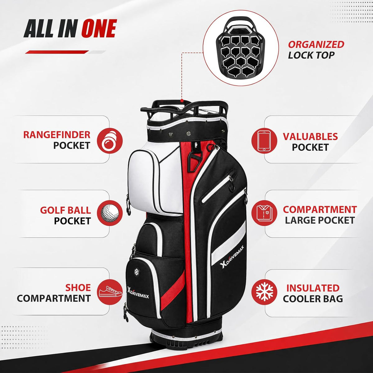 XDriveMax 14-Way Golf Cart Bag, Silent Lock Top & Full Length Dividers
