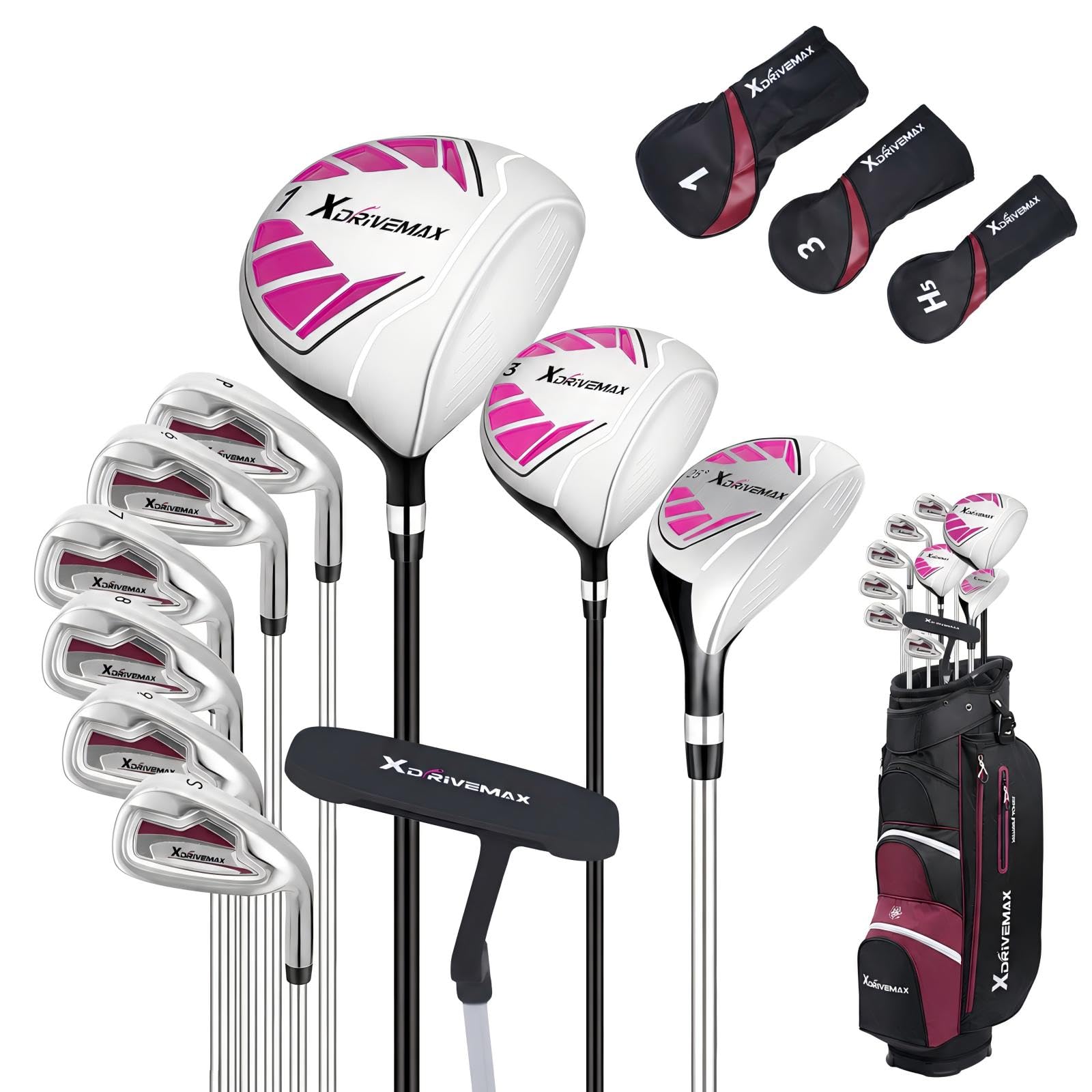 XDriverMax 14-Piece Golf Club Set for Men & Women Beginners, Right/Left Handed, Driver, Fairway, Hybrid, 6/7/8/9/P/S Irons, Putter & Cart Bag, Lightweight Graphite for Driving Range Practice