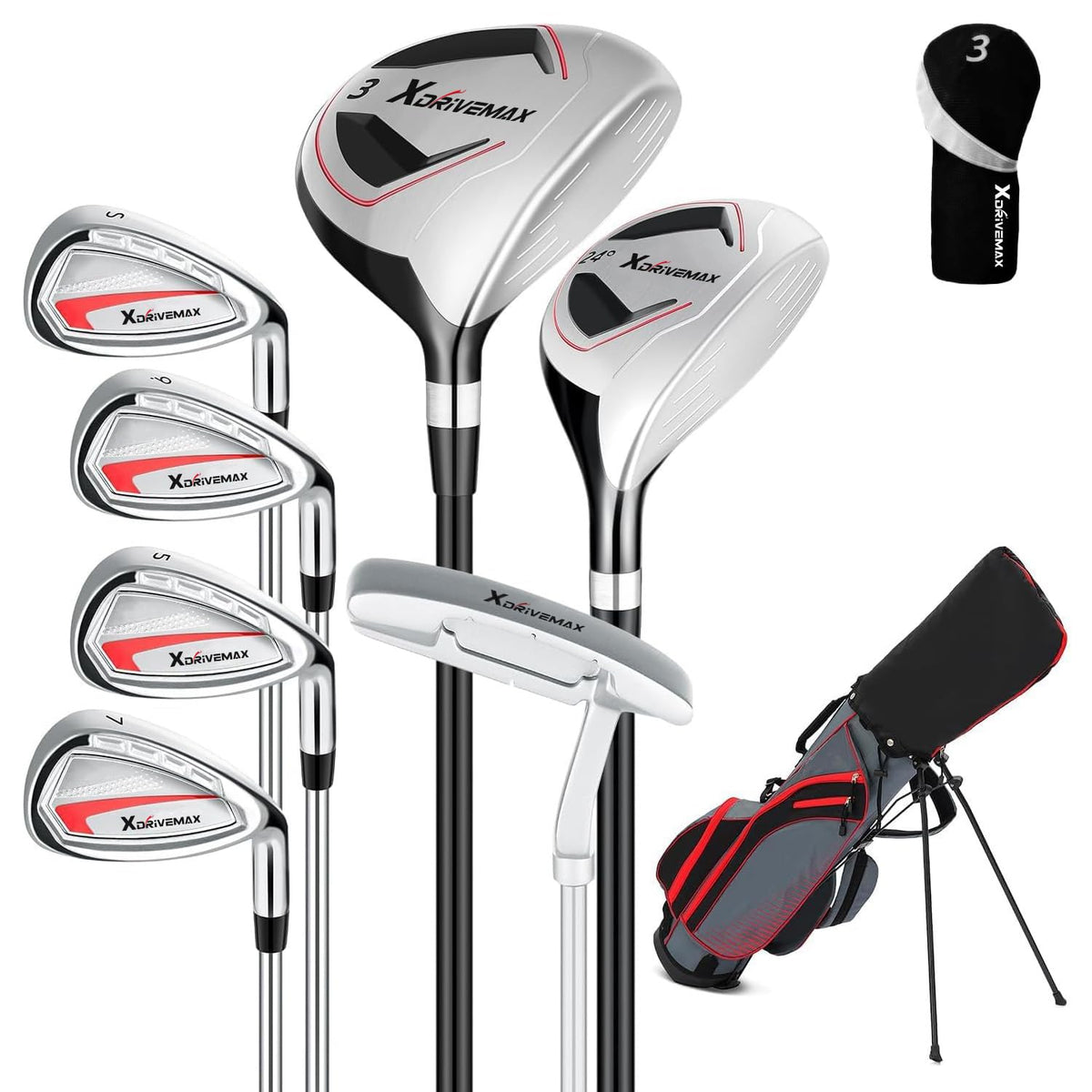 XDriveMax 8-Piece Right & Left Hand Complete Golf Club Set for Men & Women: Wood, Hybrid, Irons, Putter & Bag - Beginner Friendly, High Distance & Accuracy