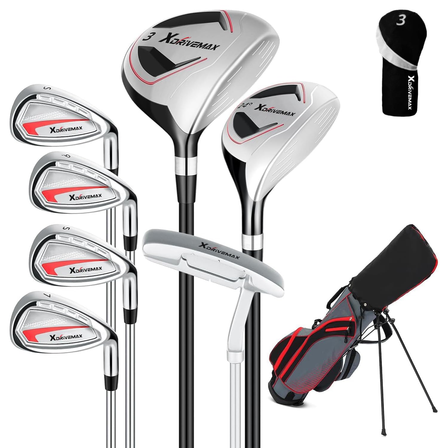 XDriveMax 8-Piece Right & Left Hand Complete Golf Club Set for Men & Women: Wood, Hybrid, Irons, Putter & Bag - Beginner Friendly, High Distance & Accuracy