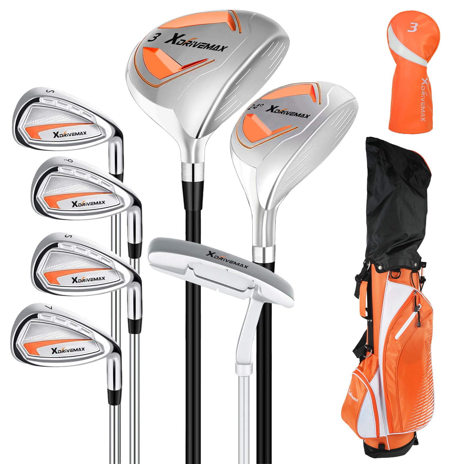 XDriveMax 8-Piece Right & Left Hand Complete Golf Club Set for Men & Women: Wood, Hybrid, Irons, Putter & Bag - Beginner Friendly, High Distance & Accuracy