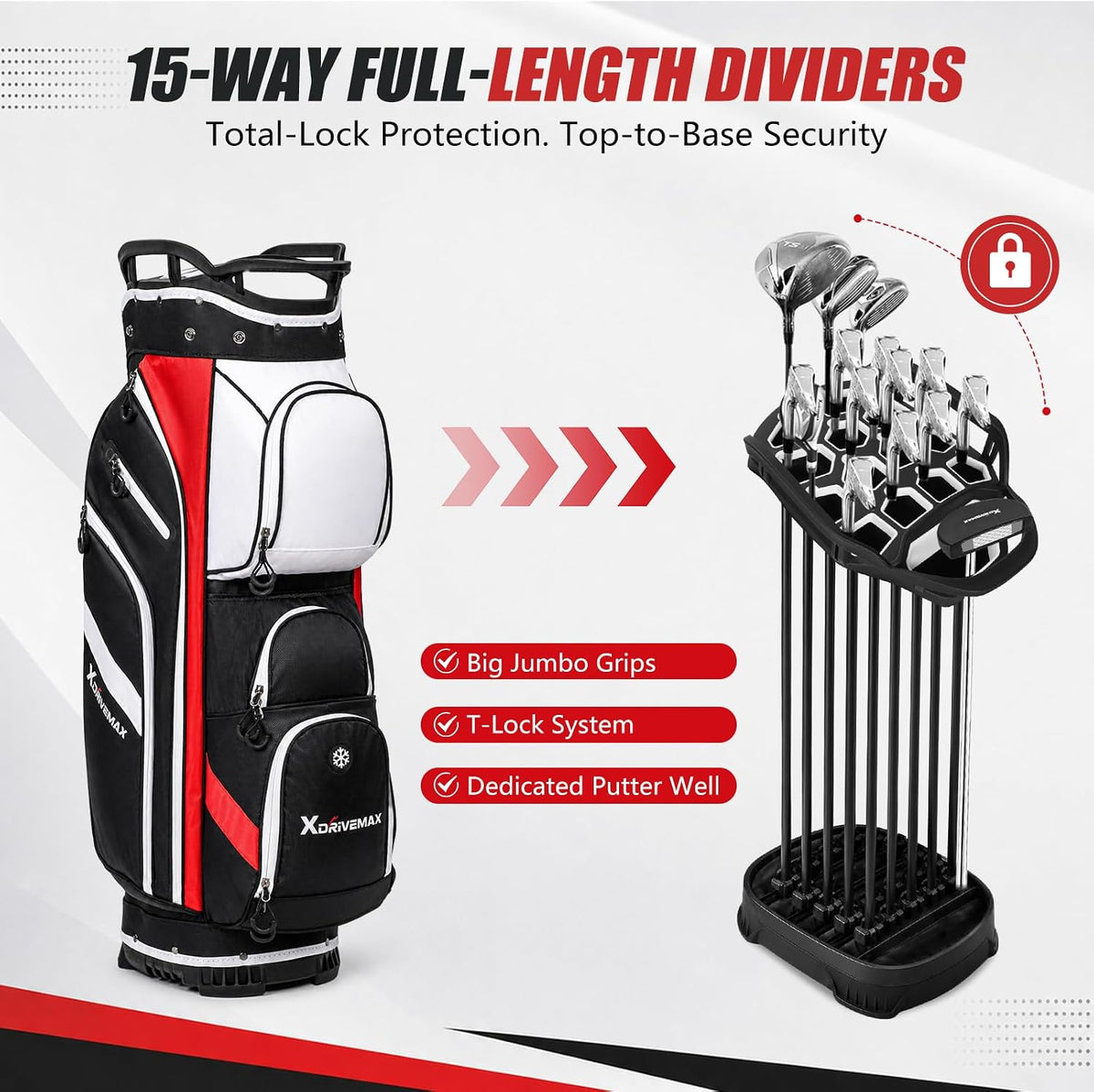 XDriveMax 14-Way Golf Cart Bag, Silent Lock Top & Full Length Dividers