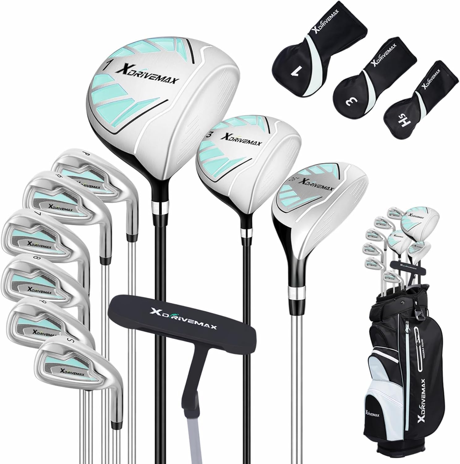 XDriverMax 14-Piece Golf Club Set for Men & Women Beginners, Right/Left Handed, Driver, Fairway, Hybrid, 6/7/8/9/P/S Irons, Putter & Cart Bag, Lightweight Graphite for Driving Range Practice