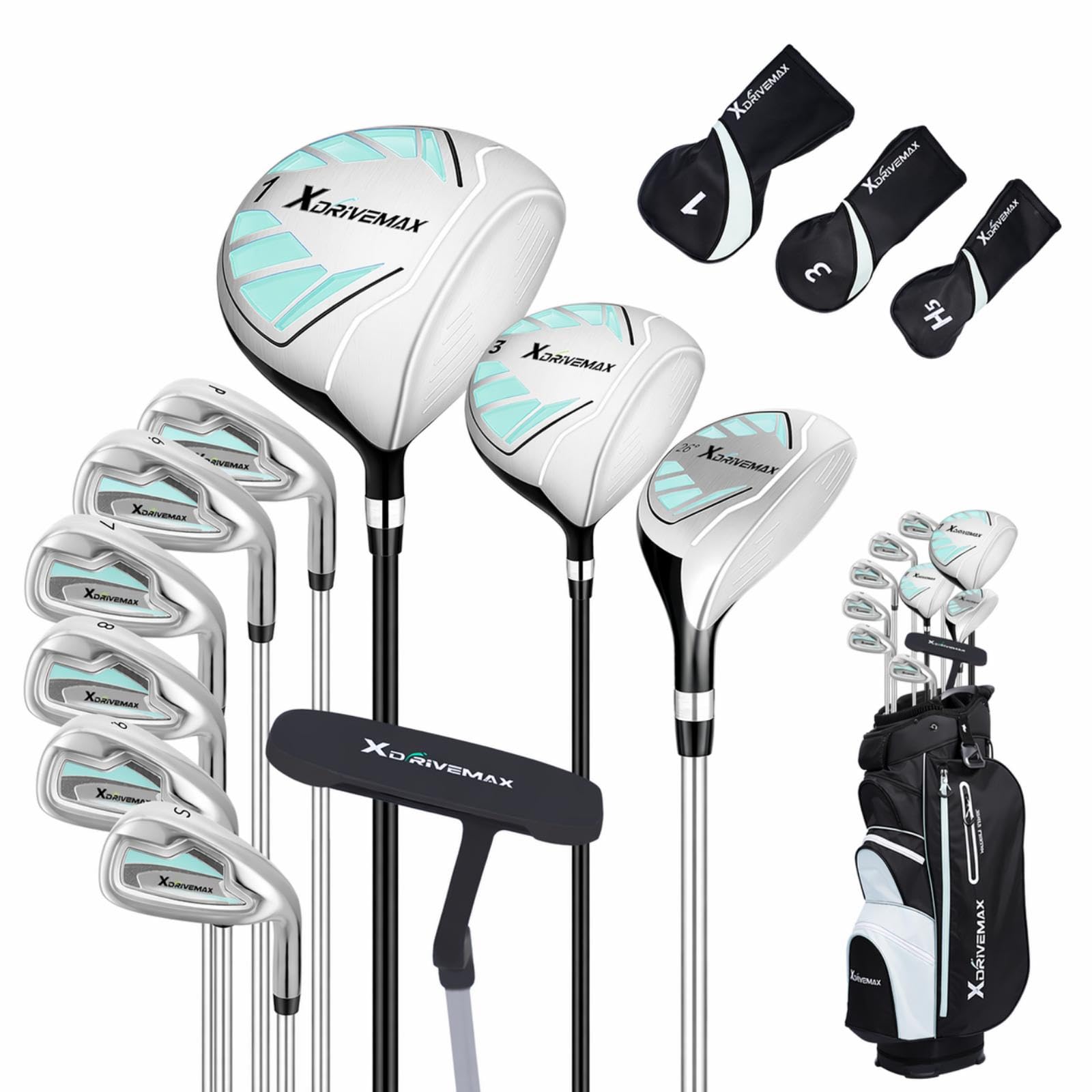 XDriverMax 14-Piece Golf Club Set for Men & Women Beginners, Right/Left Handed, Driver, Fairway, Hybrid, 6/7/8/9/P/S Irons, Putter & Cart Bag, Lightweight Graphite for Driving Range Practice