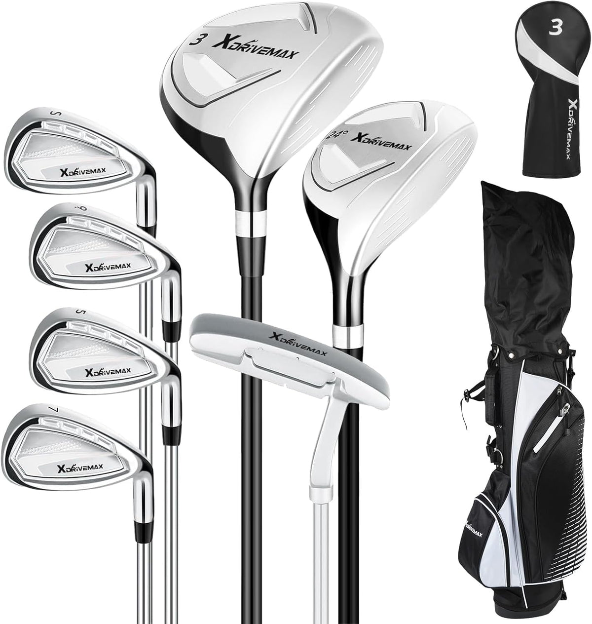 XDriveMax 8-Piece Right & Left Hand Complete Golf Club Set for Men & Women: Wood, Hybrid, Irons, Putter & Bag - Beginner Friendly, High Distance & Accuracy
