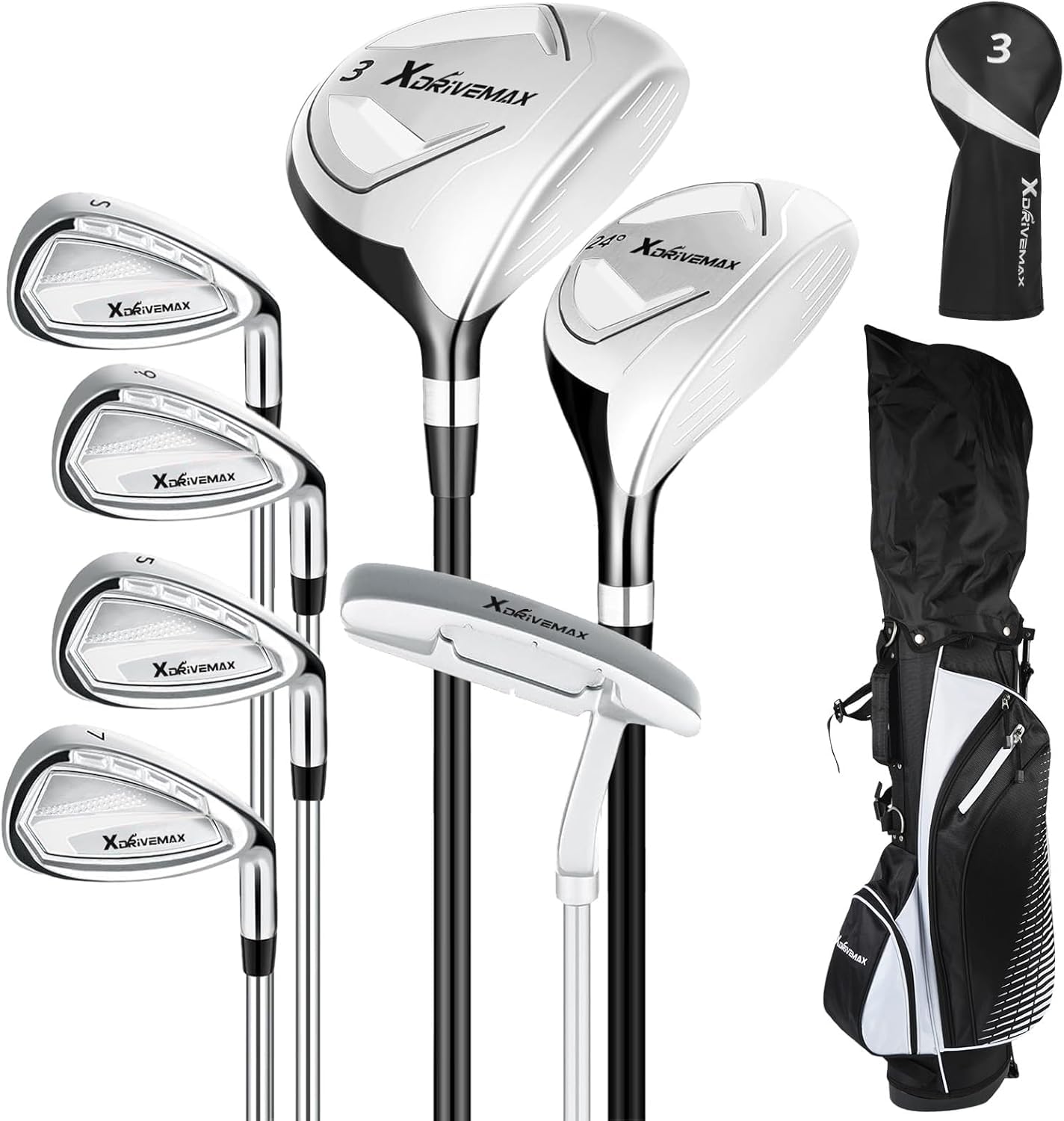 XDriveMax 8-Piece Right & Left Hand Complete Golf Club Set for Men & Women: Wood, Hybrid, Irons, Putter & Bag - Beginner Friendly, High Distance & Accuracy