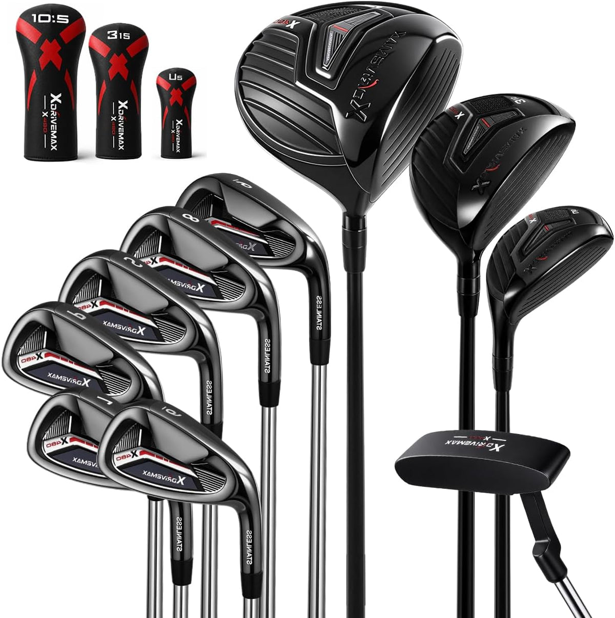 XDriverMax 13-Piece Golf Club Set for Men, 10 Clubs, 3 Headcovers, No Bag