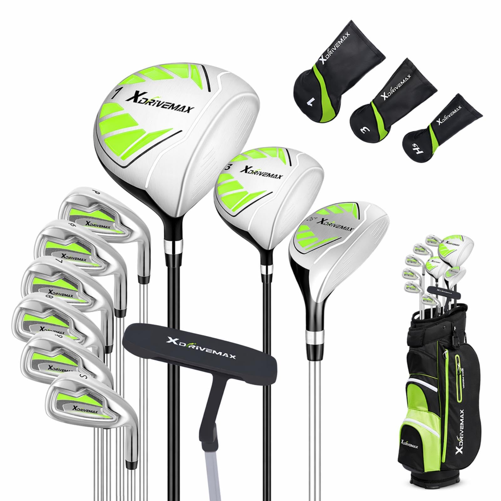 XDriverMax 14-Piece Golf Club Set for Men & Women Beginners, Right/Left Handed, Driver, Fairway, Hybrid, 6/7/8/9/P/S Irons, Putter & Cart Bag, Lightweight Graphite for Driving Range Practice