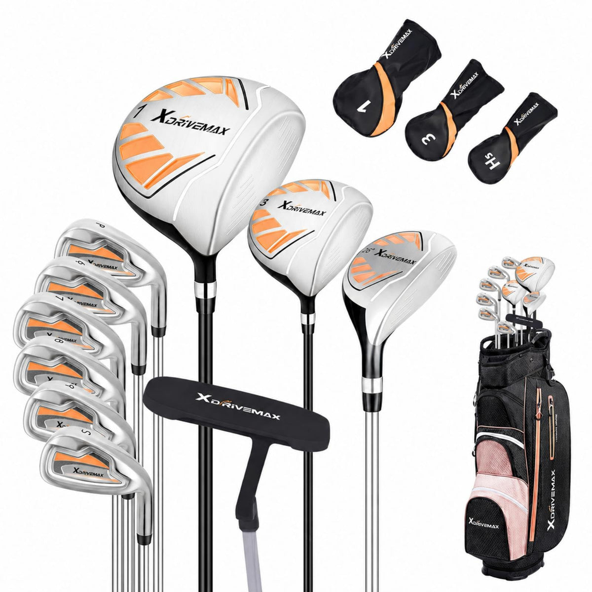 XDriverMax 14-Piece Golf Club Set for Men & Women Beginners, Right/Left Handed, Driver, Fairway, Hybrid, 6/7/8/9/P/S Irons, Putter & Cart Bag, Lightweight Graphite for Driving Range Practice