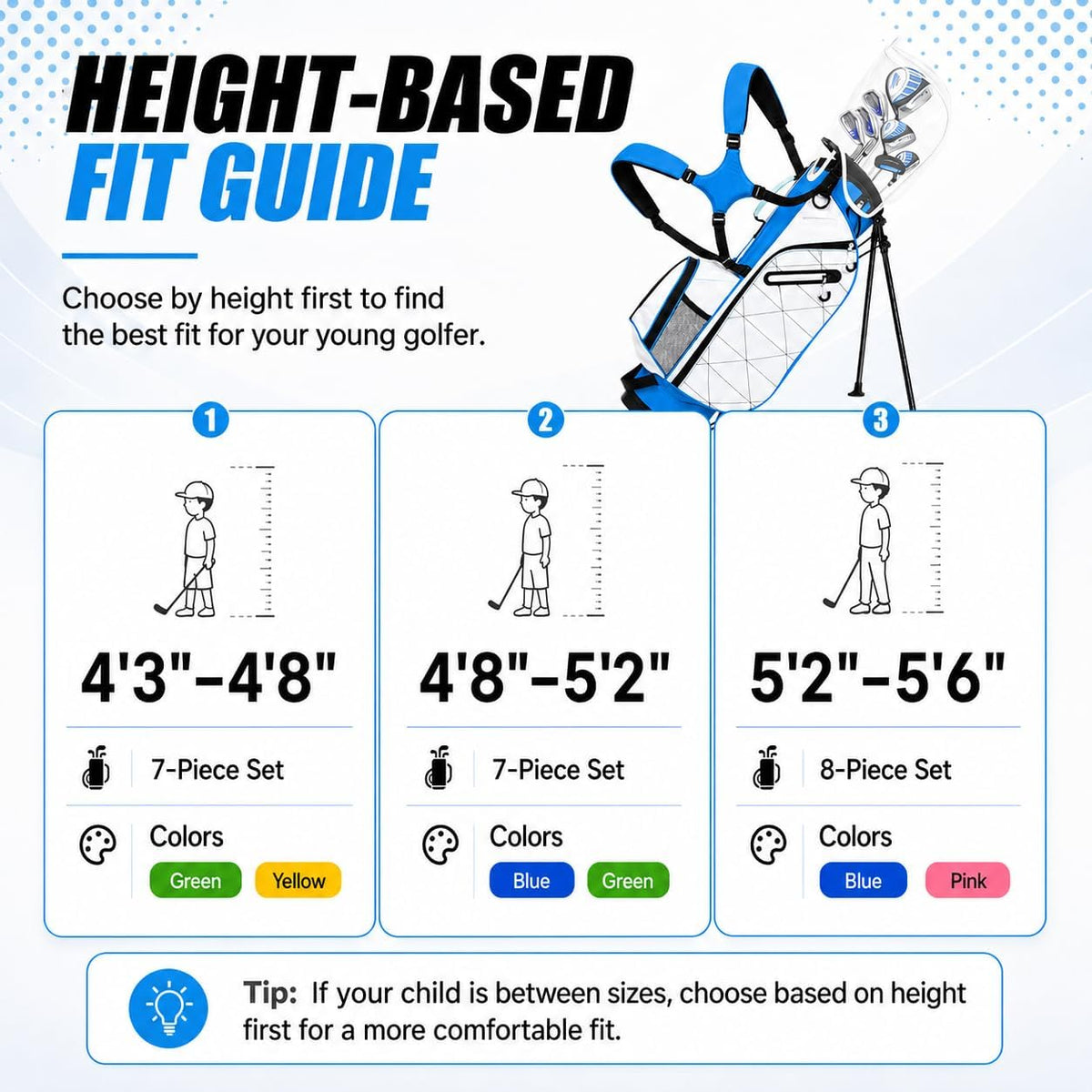 XDriverMax 7/8-Piece Youth Golf Club Set for Ages 8-17 (4'3"–5'6")