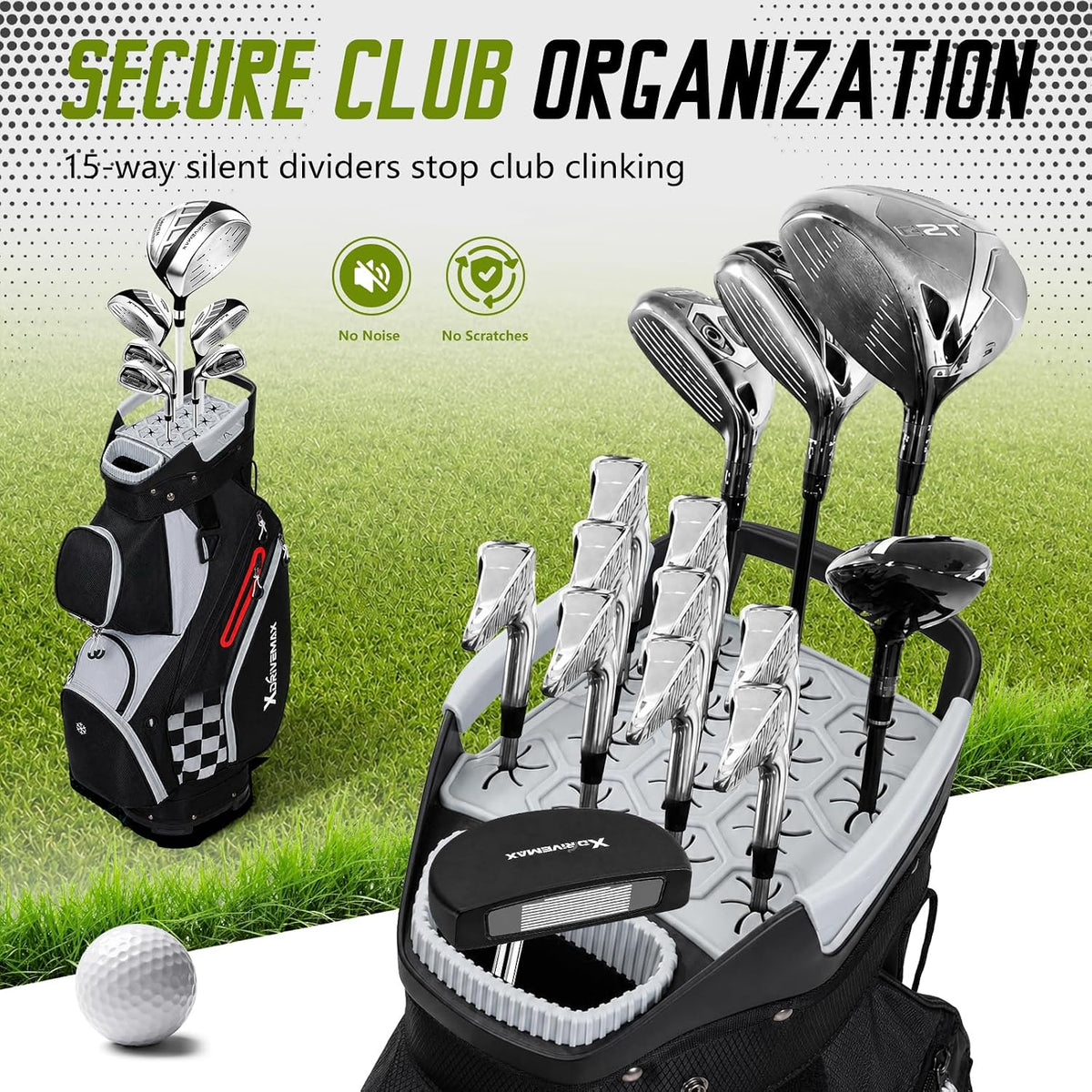 XDriveMax 15-Way Golf Cart Bag, Silence Top & Grip-Locking Base