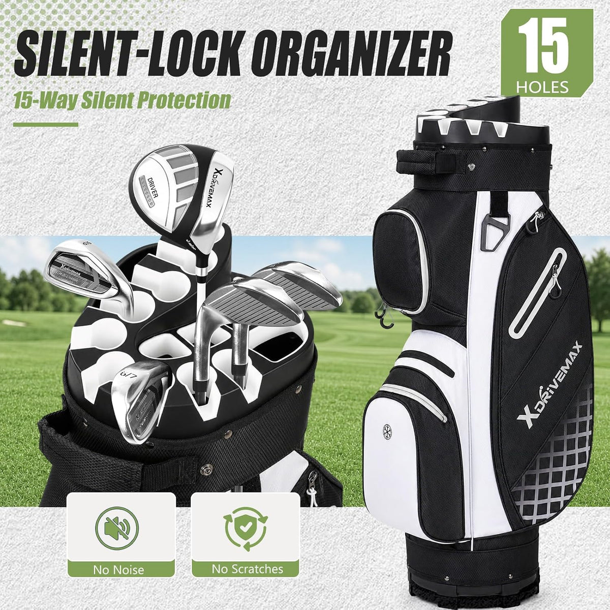 XDriveMax 15-Way Locking-Slot Golf Cart Bag,Silent Organizer Top