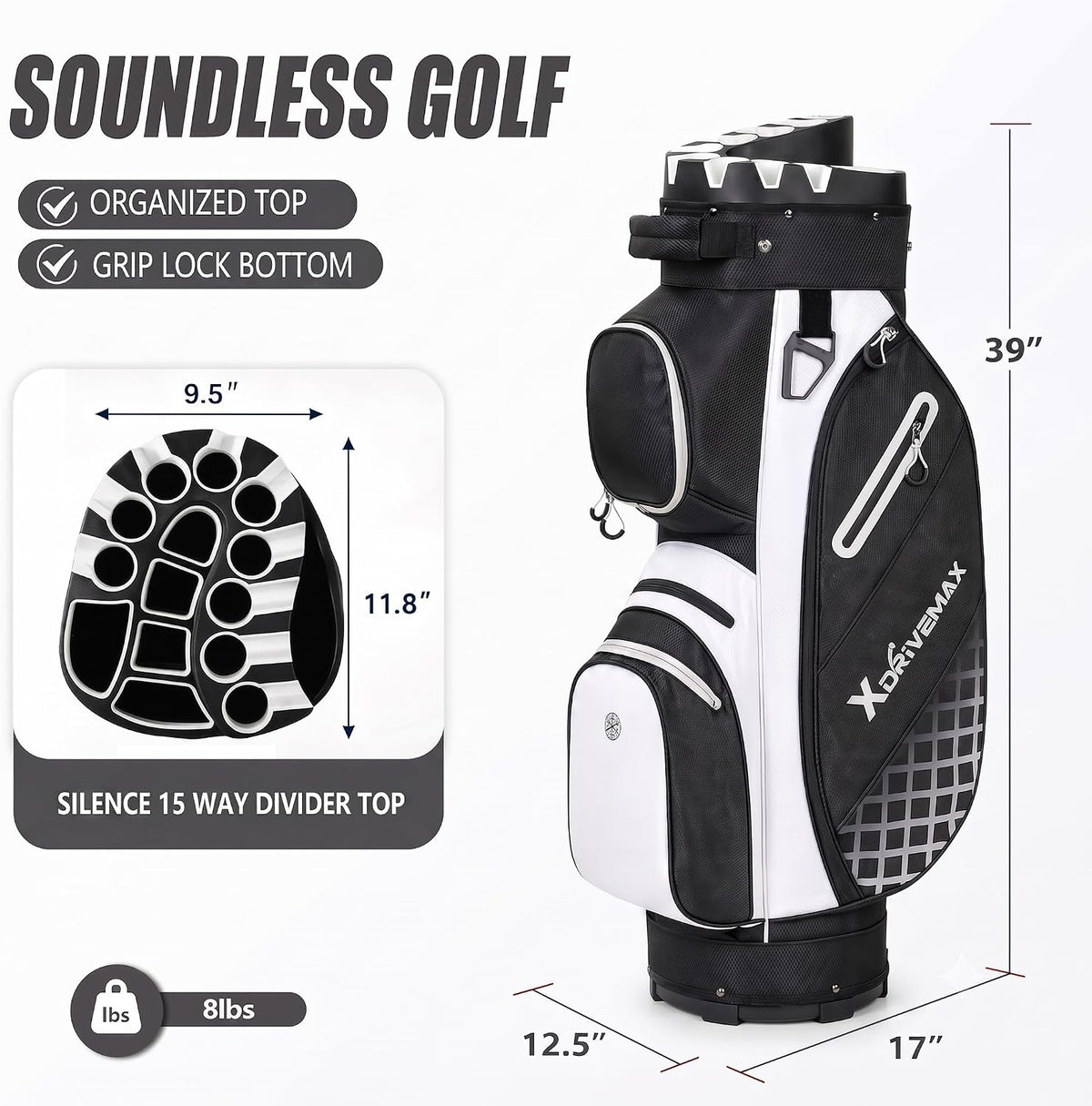 XDriveMax 15-Way Locking-Slot Golf Cart Bag,Silent Organizer Top