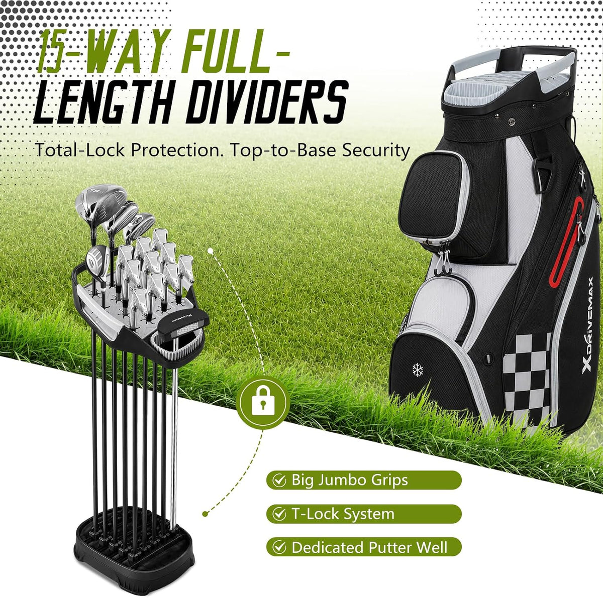XDriveMax 15-Way Golf Cart Bag, Silence Top & Grip-Locking Base