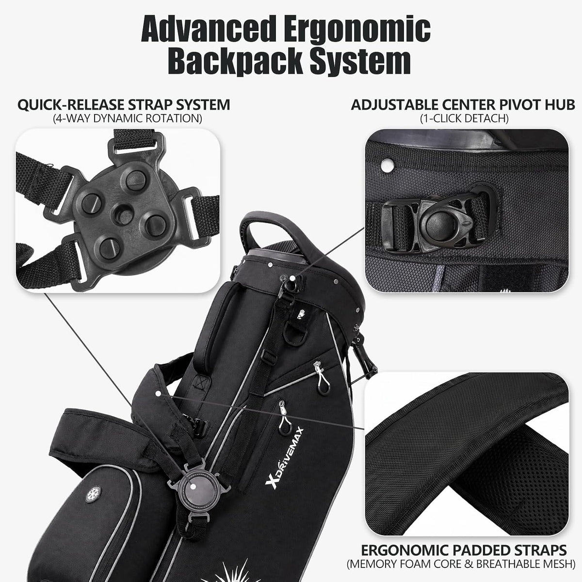 XDriveMax Quiet 15-Way Golf Stand Bag with Adjustable Straps